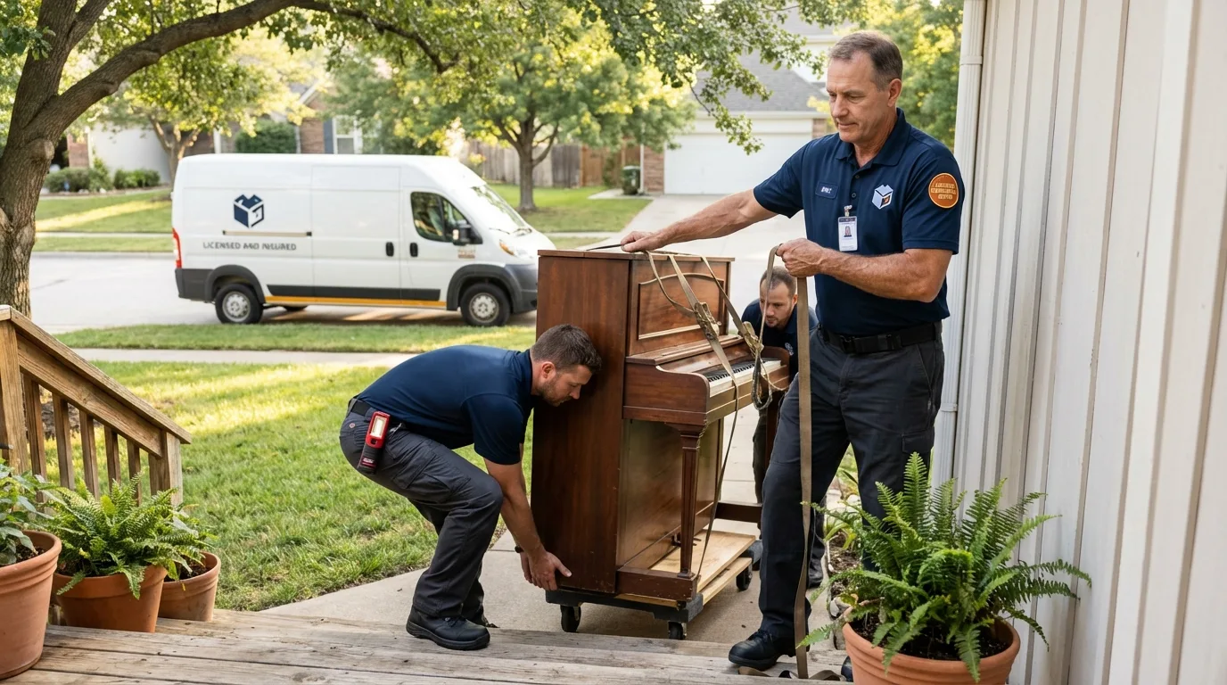 Licensed piano movers securing grand piano in Brilliant, OH
