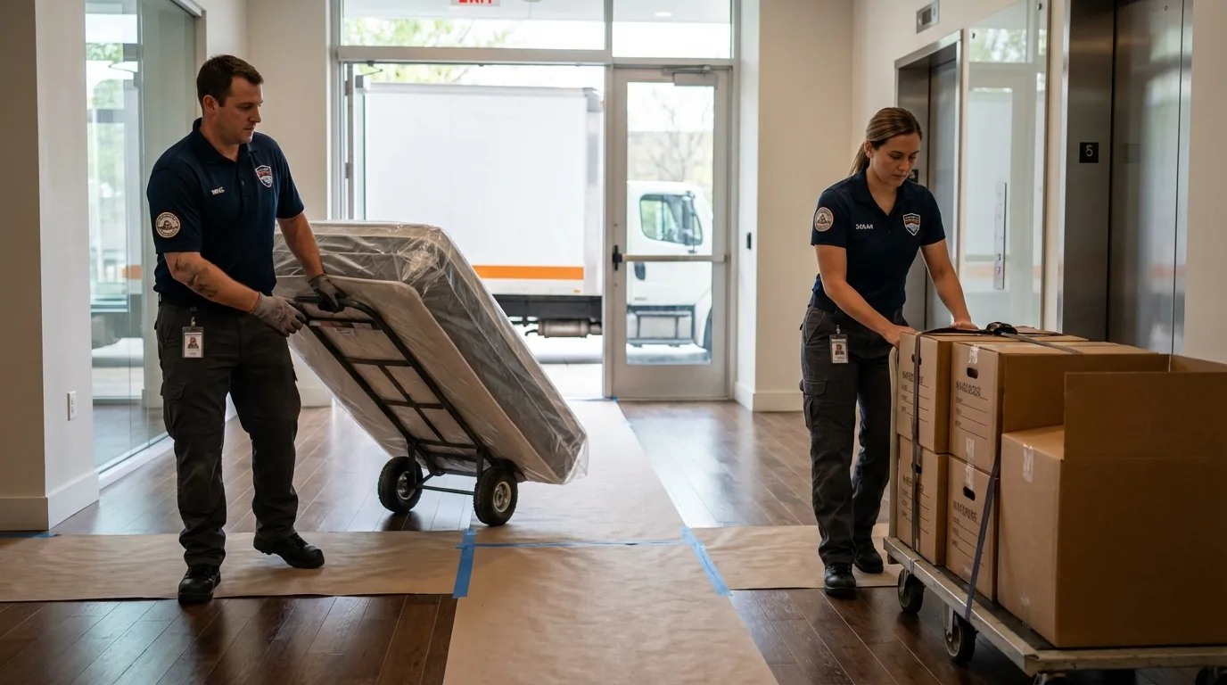 Professional apartment movers loading elevator in Brilliant, OH